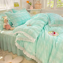 Axyaa Seersucker Ruffle Bedding Set - King/Queen Solid Color Princess Style Cotton Comforter Cover
