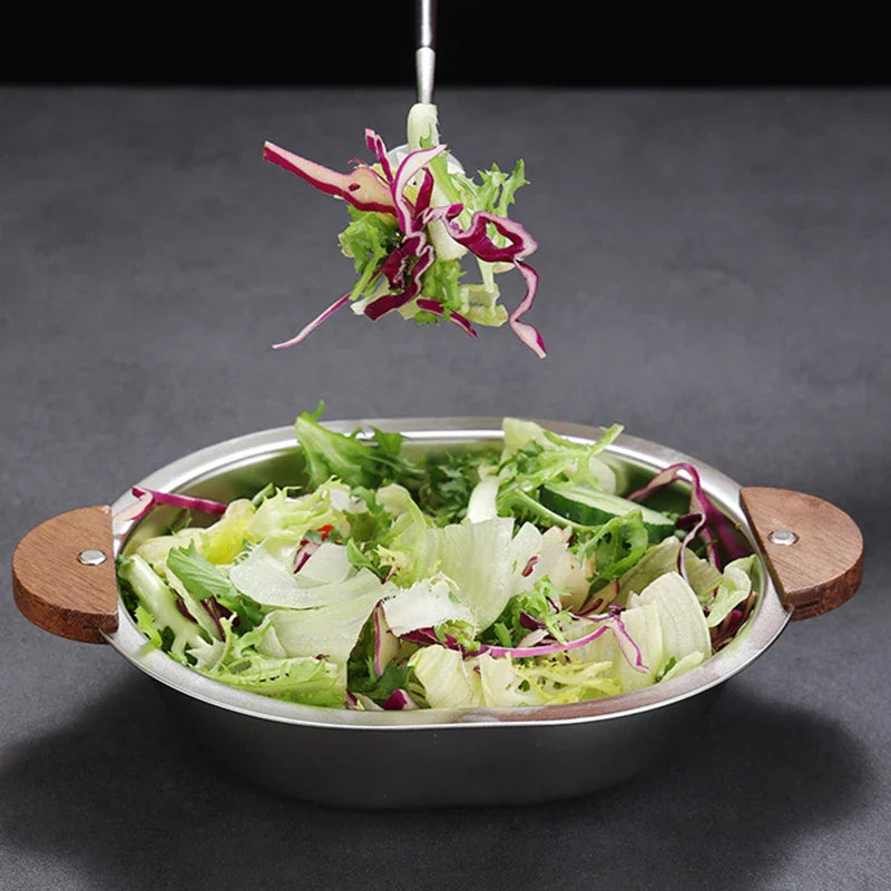 Axyaa Stainless Steel Salad Bowl with Wooden Handle for Children, Outdoor Picnic Tableware