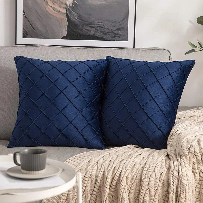 Axyaa Blue Velvet Plaid Cushion Cover for Stylish Living Room Décor
