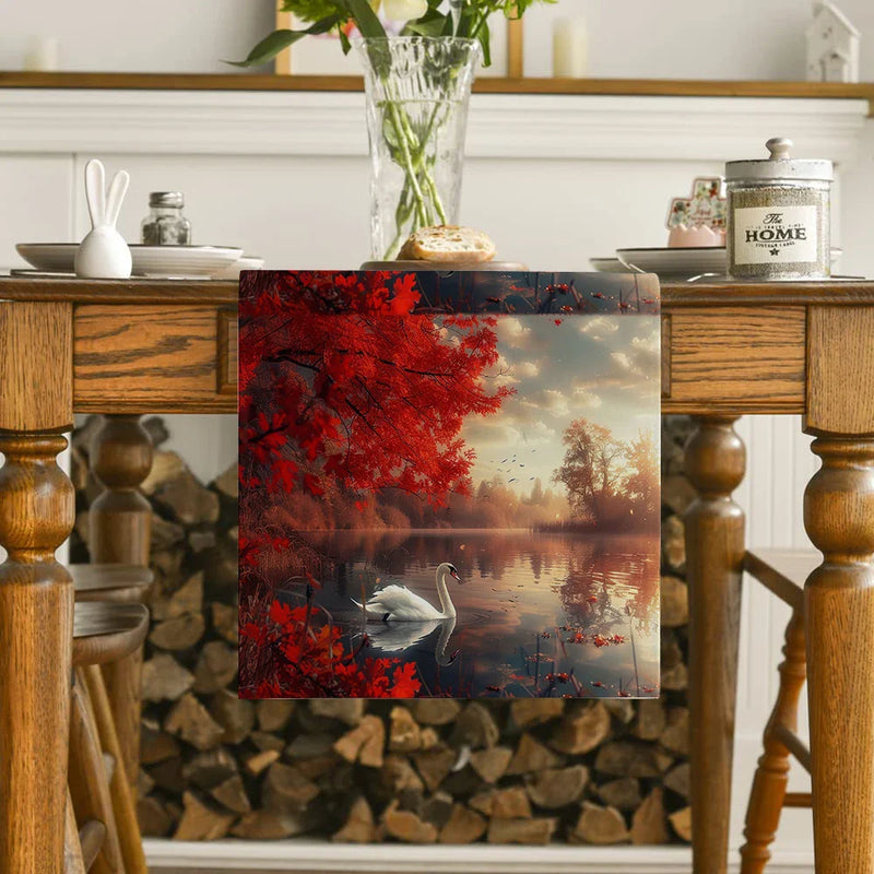 Axyaa Red Maple Swan Lake Table Runner for Home Decoration