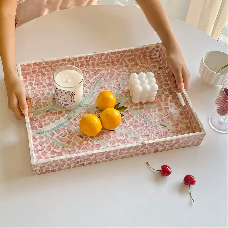 Axya Pink Mother-of-Pearl Seashell Tray: Handmade Fruit Basket Organizer