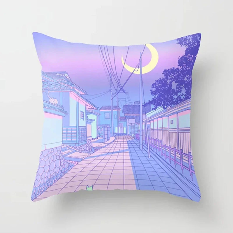 Pink Anime City Print Polyester Pillowcase 45x45cm for Bedroom Living Room by Axyaa.