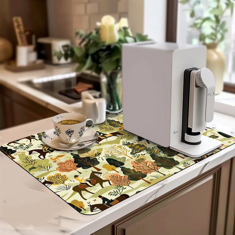 Axyaa Watercolor Plant Branches Drying Mat - Non-Slip Absorbent Tableware Counter Mat