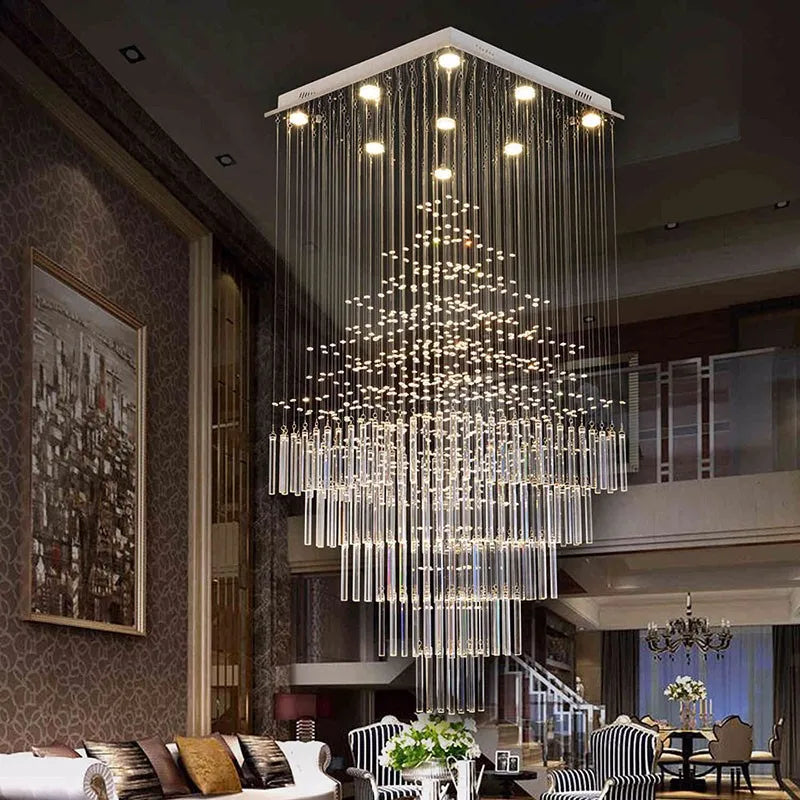 Axyaa Crystal Column Chandelier: Modern Square Base Hanging Lamp for Living Room, Stairs, Loft