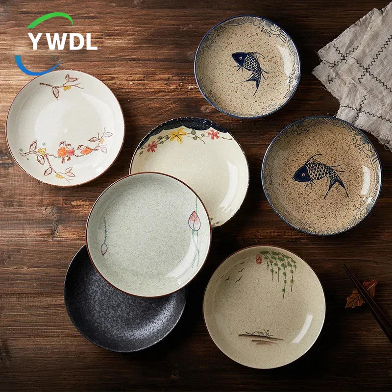 Axya Hand-painted Ceramics Japanese Dinner Plate Set for Desserts, Salad, Pasta, and Dipping Sauce