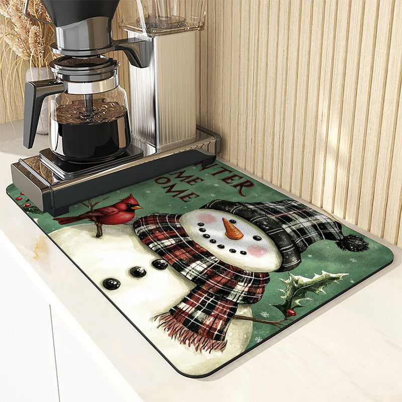 Axyaa Snowman Drying Mat - Quick Kitchen Drain Pad for Faucet & Dishware