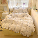 Axyaa Cream Lace Girl Powder Grid Korean Double-Layer Quilt Cover Set