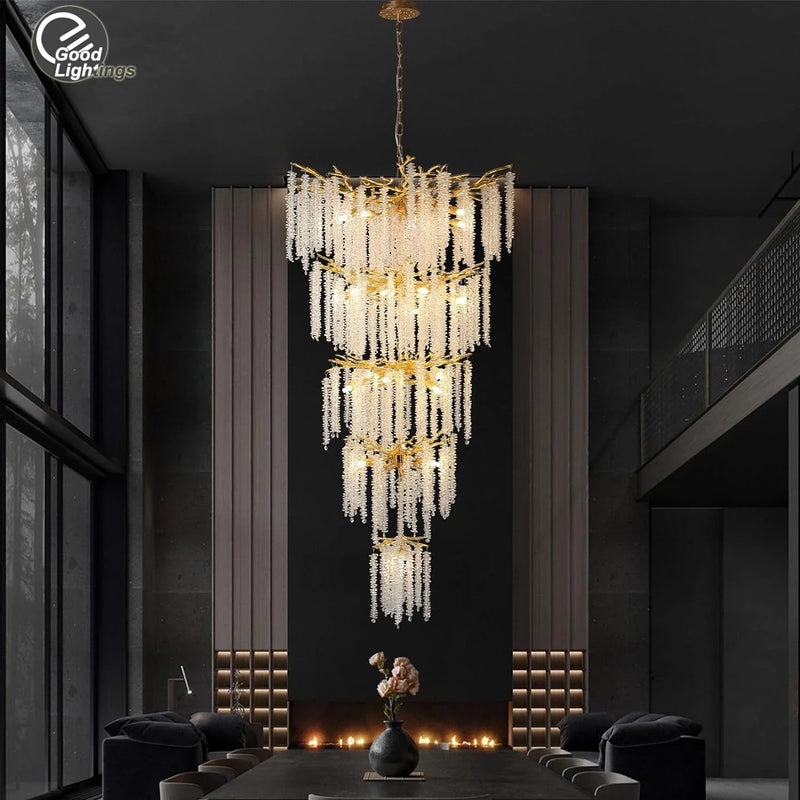 Axyaa Nordic Luxury Crystal Tassel Chandelier for Living Room Staircase