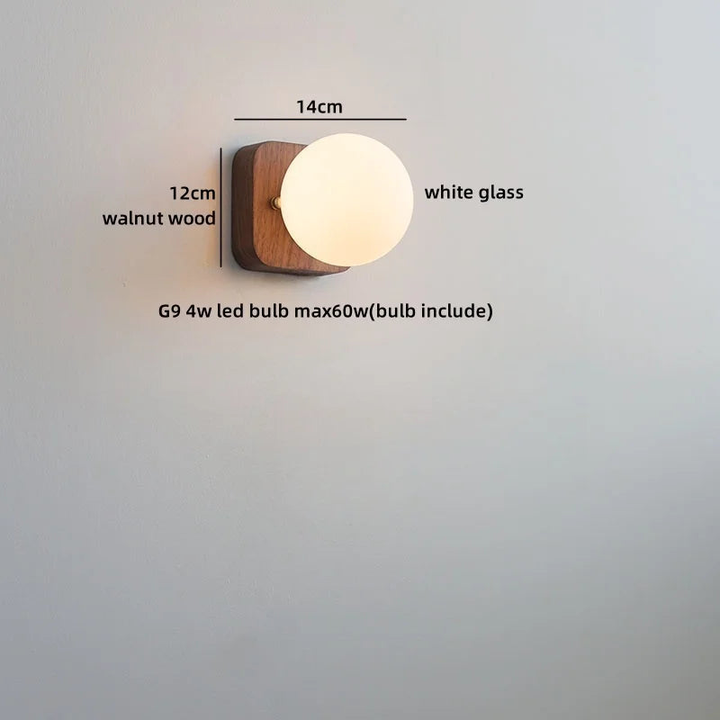 Axyaa Walnut Wood Glass Wall Lamp - Spherical Indoor Light for Living Room, Bathroom & Stairs