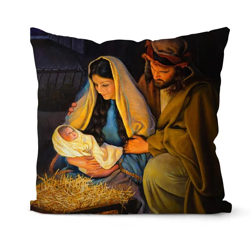 Retro Oil Painting Christmas Pillowcase - Axyaa Nativity Cushions Case Jesus Christ Print Throw Pillows Case