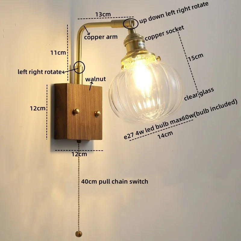 Axyaa Glass Copper LED Wall Lights Modern Bedside Lamp for Home Decor