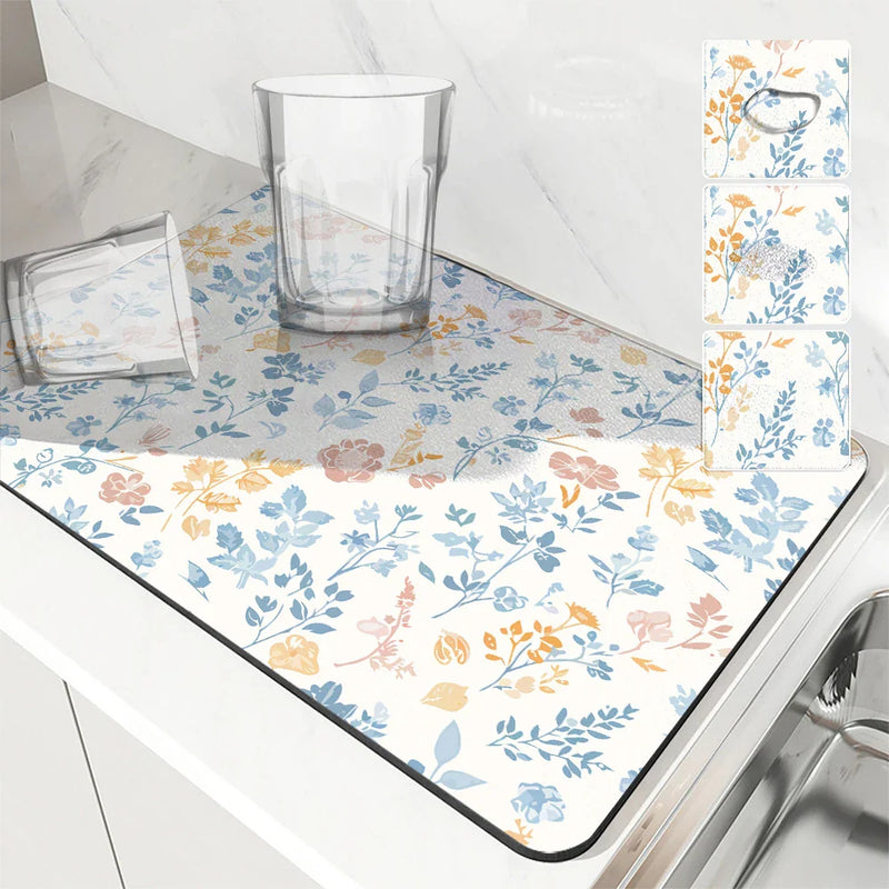 Axyaa Floral Kitchen Drying Mat - Small & Large Absorbent Drain Pad for Coffee & Bathroom