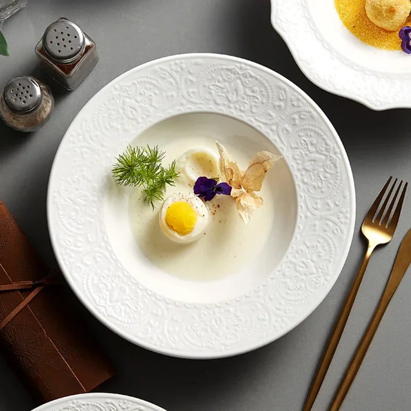 Axya White Embossed Plate Set for Elegant Dining and Desserts