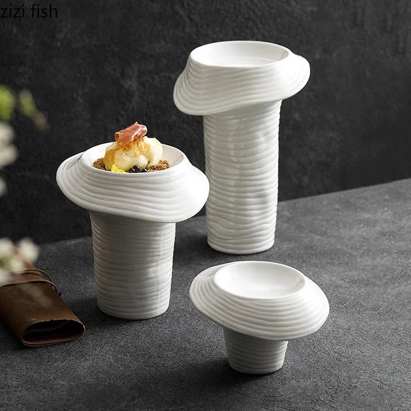 Axya High Feet Ceramic Dinner Plate - Irregular Thread Design - Restaurant Tableware