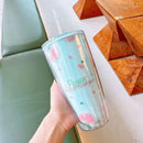 Axyaa Cherry Blossom Straw Water Bottle: Double Layer, Large Capacity Tumbler Cup