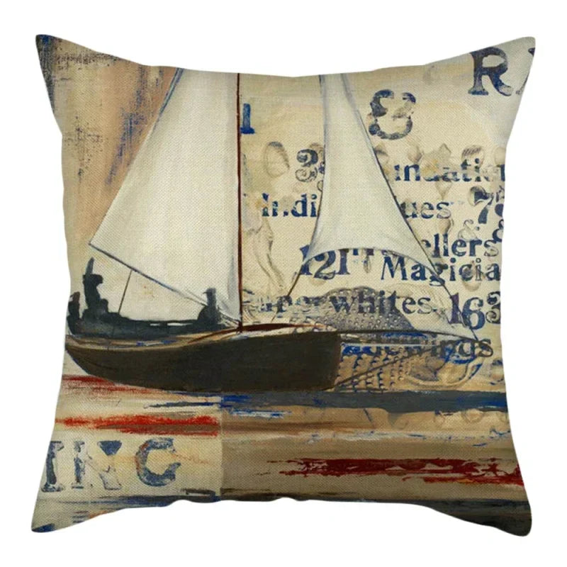 Marine Ship Print Linen Pillow Cover for Home Sofa Decor Axyaa