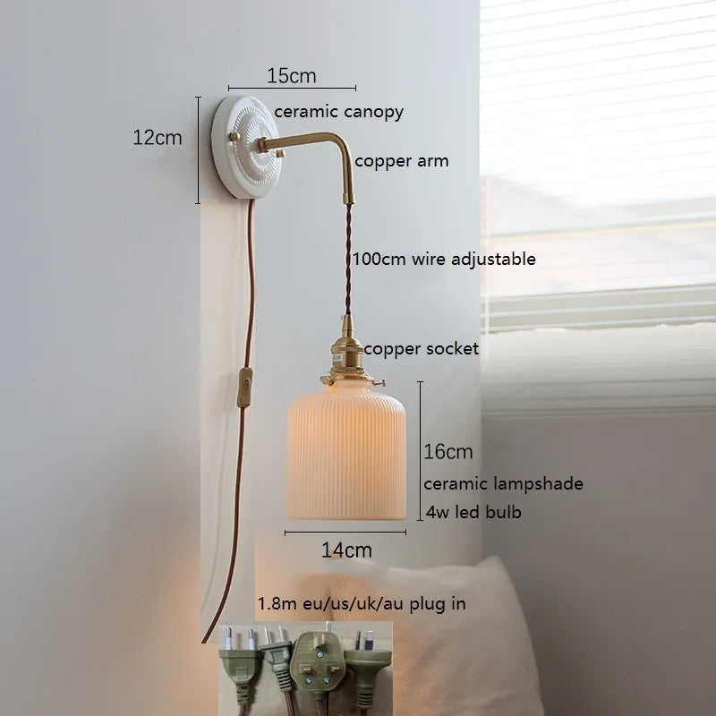 Axyaa Ceramic LED Wall Sconce with Adjustable Copper Arm for Bedroom, Bathroom, Mirror
