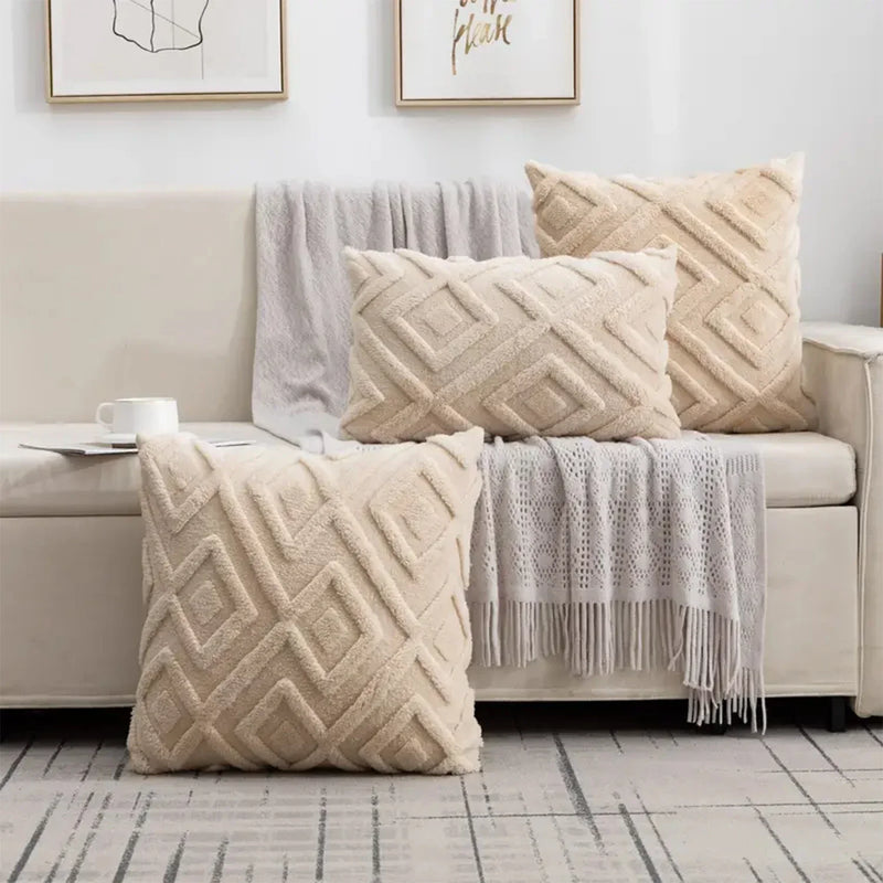 Axyaa Beige Faux Wool Rhombus Throw Pillow Covers Soft Plush Short Fleece Patterned Pillowcase