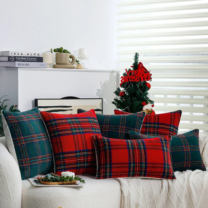 Axyaa Retro Red/Green Plaid Cushion Cover 30x50cm for Indoor Sofa - Christmas Home Decor