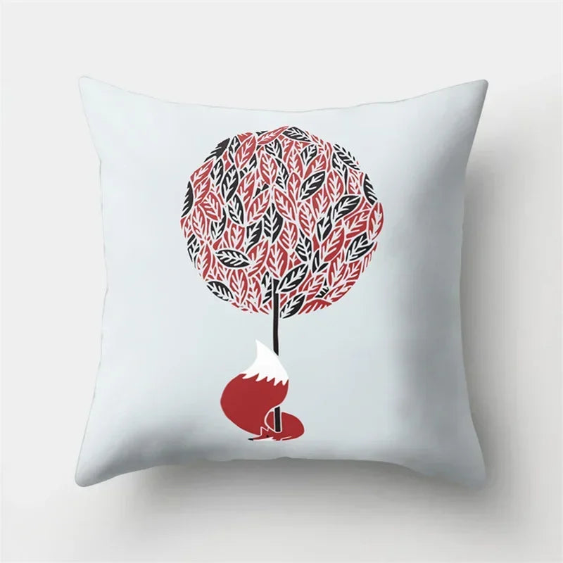 Fox and Bird Polyester Pillowcase by Axyaa: Cartoon Landscape Cushion Cover for Sofa