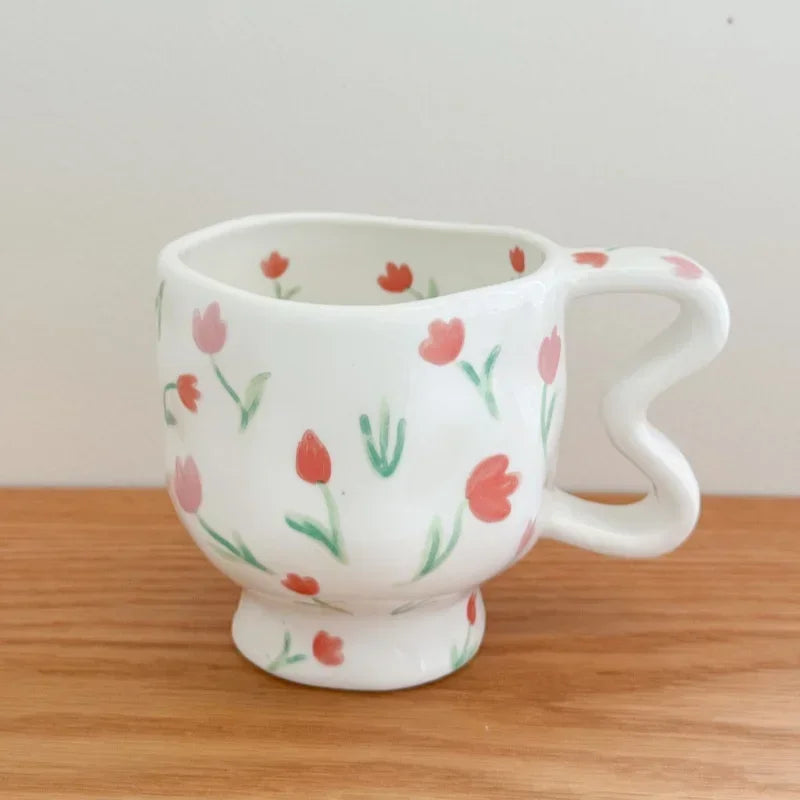 Hand-Painted Tulip Flower Pattern Ceramic Mug by Axyaa - High-Footed Cup