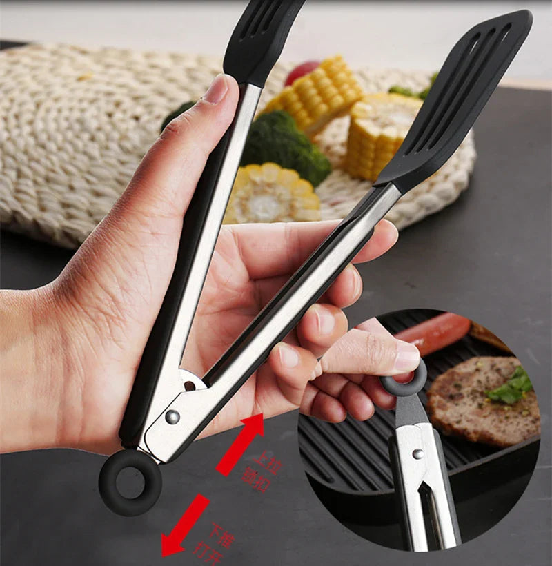 Axyaa Silicone Food Tongs Stainless Steel Grill Clamp Kitchen Utensils