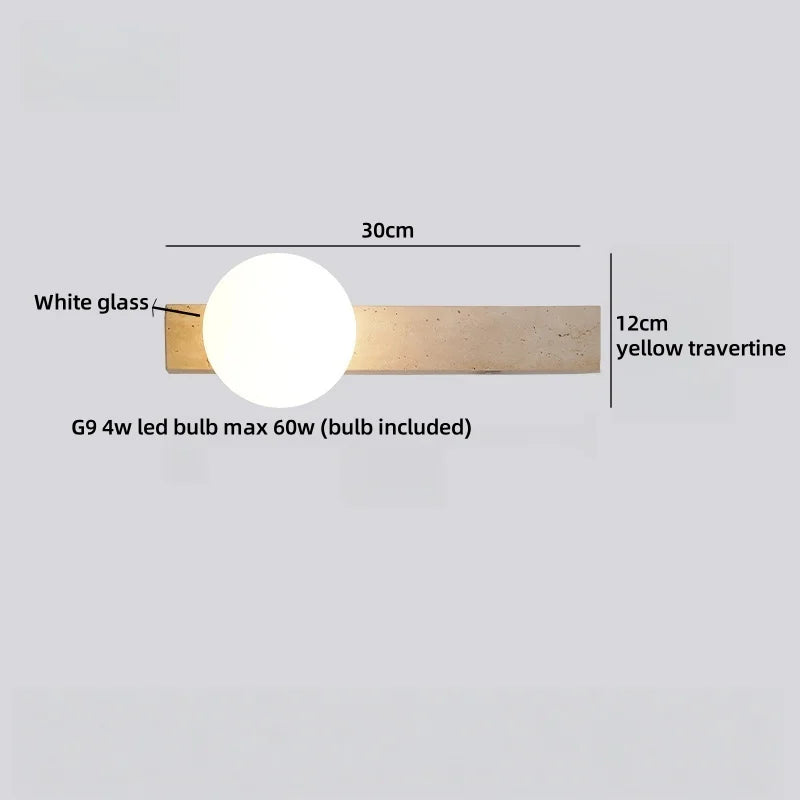 Axyaa White Glass LED Wall Sconce Lamp Yellow Travertine Stone Mirror Light