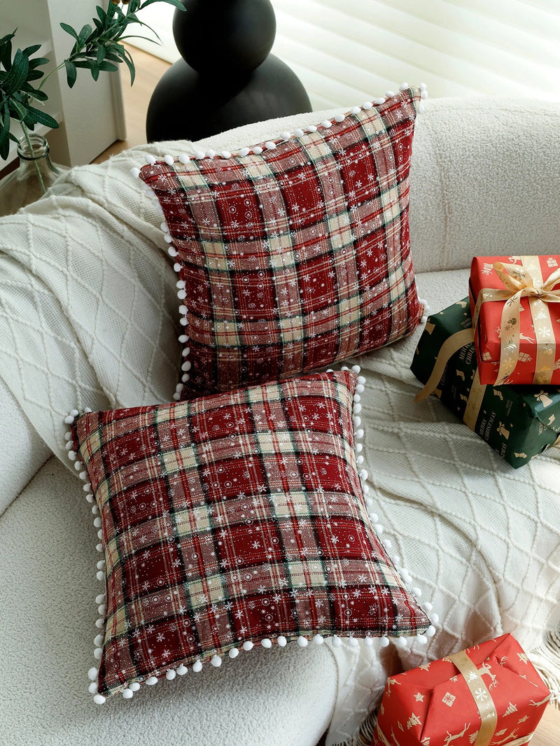 Axyaa Christmas Ball Plaid Pillow Cover 45x45cm - Soft Decorative Atmosphere Pillowcase