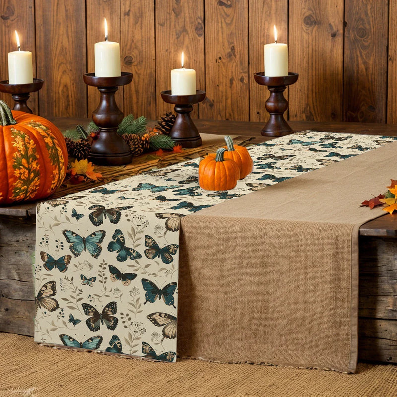Axyaa Watercolor Butterfly Plants Table Runner for Dining Room Butterflies Botanical Theme