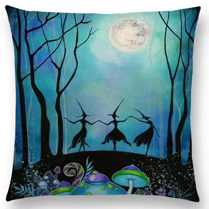 Cute Cat Moon Night Wonderland Witch Halloween Dance Pillow Cover by Axyaa