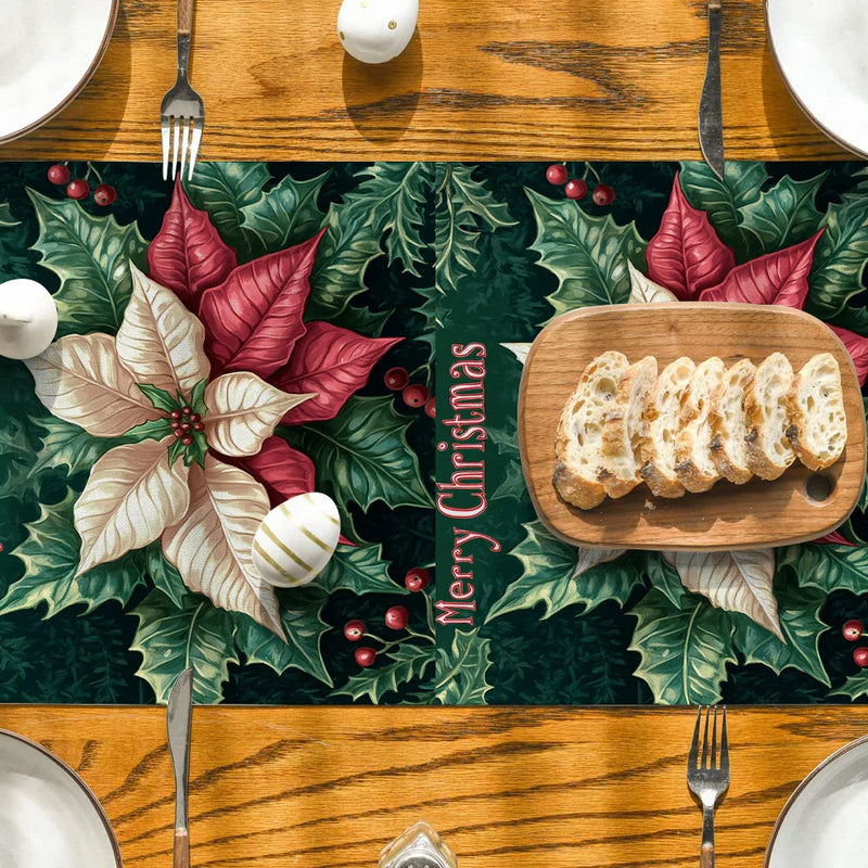 Axyaa Poinsettia Berry Snowflake Table Runner - Festive Home Decor for Dining and Parties