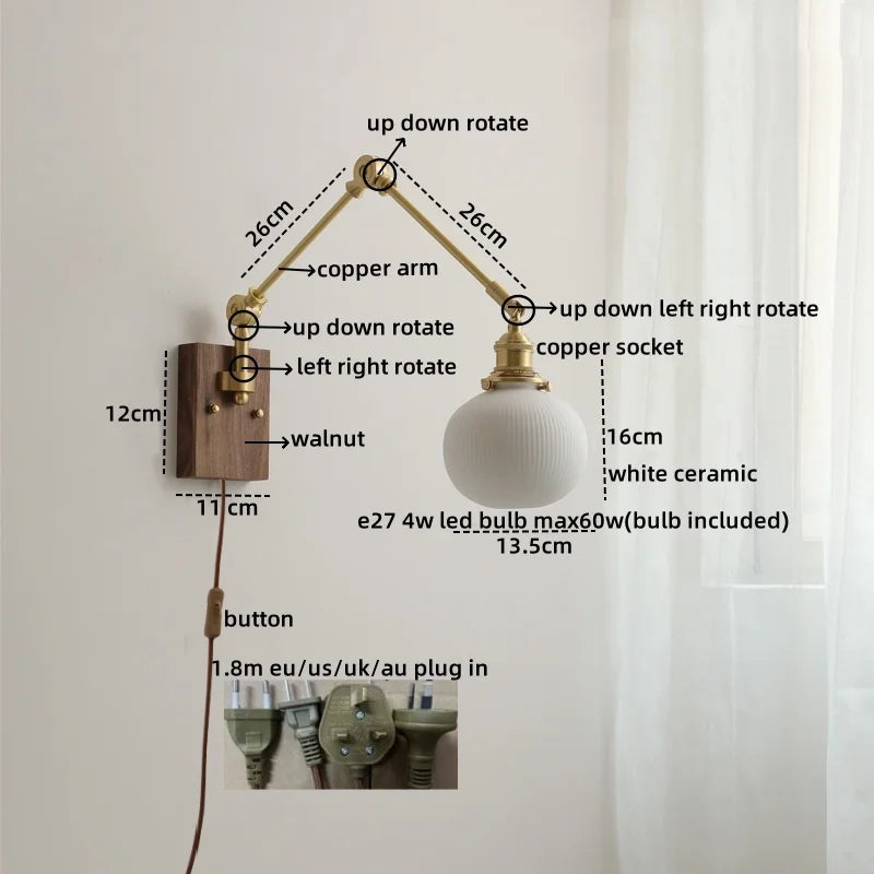 Axyaa Ceramic Copper Swing Arm LED Wall Light for Home Decor