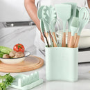 Axyaa Silicone Kitchen Utensils Set with Storage Bucket - Non-Stick, Wood Handle