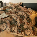 Axyaa Flower Print Velvet Bedding Set: Duvet Cover, Flat Sheet, Pillowcase