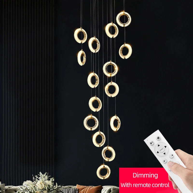 Axyaa Modern Duplex Staircase Chandelier - Nordic Ring Design for Living Room, Dining, and Kitchen