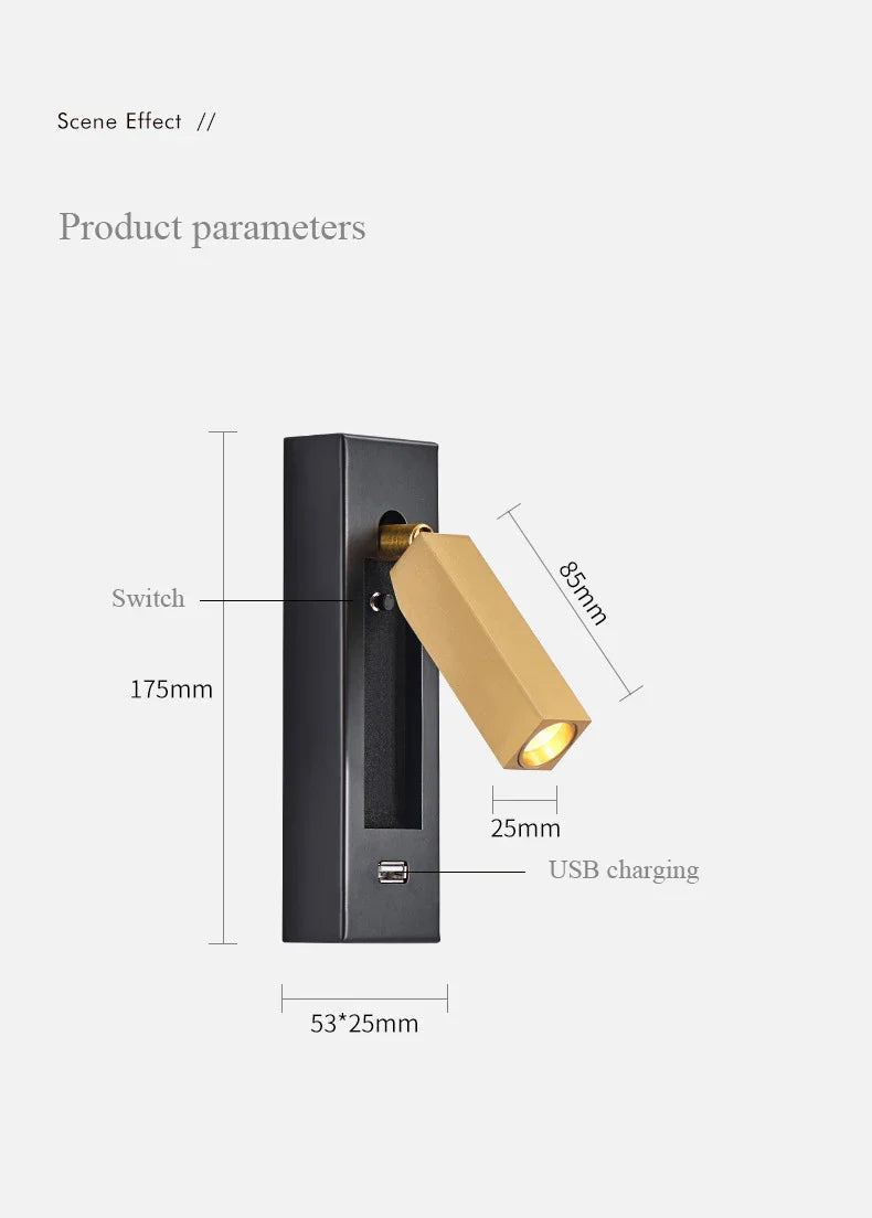 Axyaa Black Brass LED Wall Sconce with USB Port and Switch