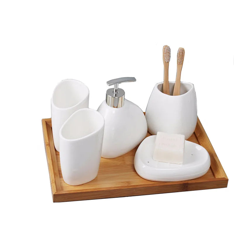 Axya Ceramic Bathroom Set: Dispenser, Toothbrush Holder, Tumbler, Soap Dish - Bathroom Products