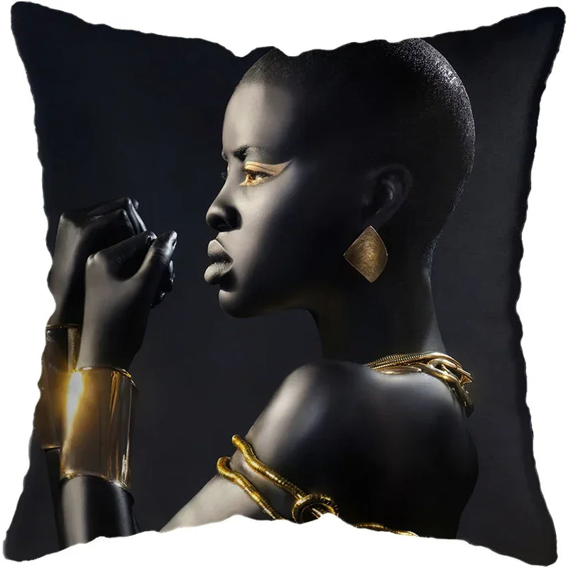 Axyaa Black Gold African Lady Woman Art Deco Pillowcase