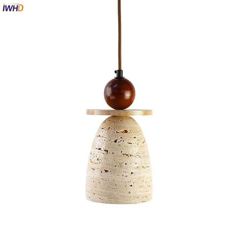Axyaa Yellow Travertine Wood Pendant Light, LED Hanging Lamp for Dinging Living Room