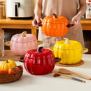 Axyaa Pumpkin Binaural Ceramic Soup Pot with Lid Large Noodle Bowl