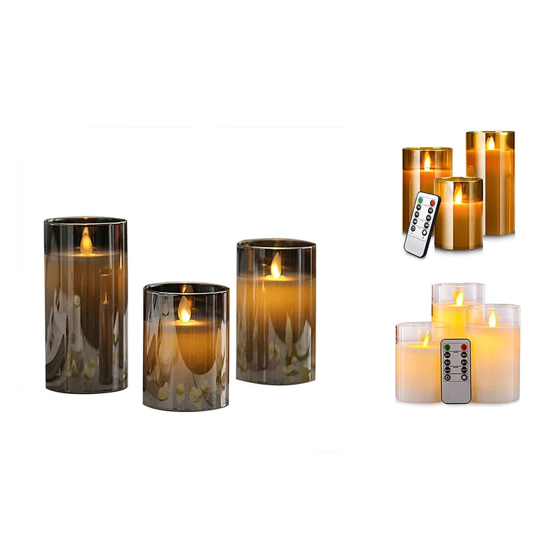 Axya LED Candle Set: Golden Gray Glass, Warm Light, Remote Control, Gift.