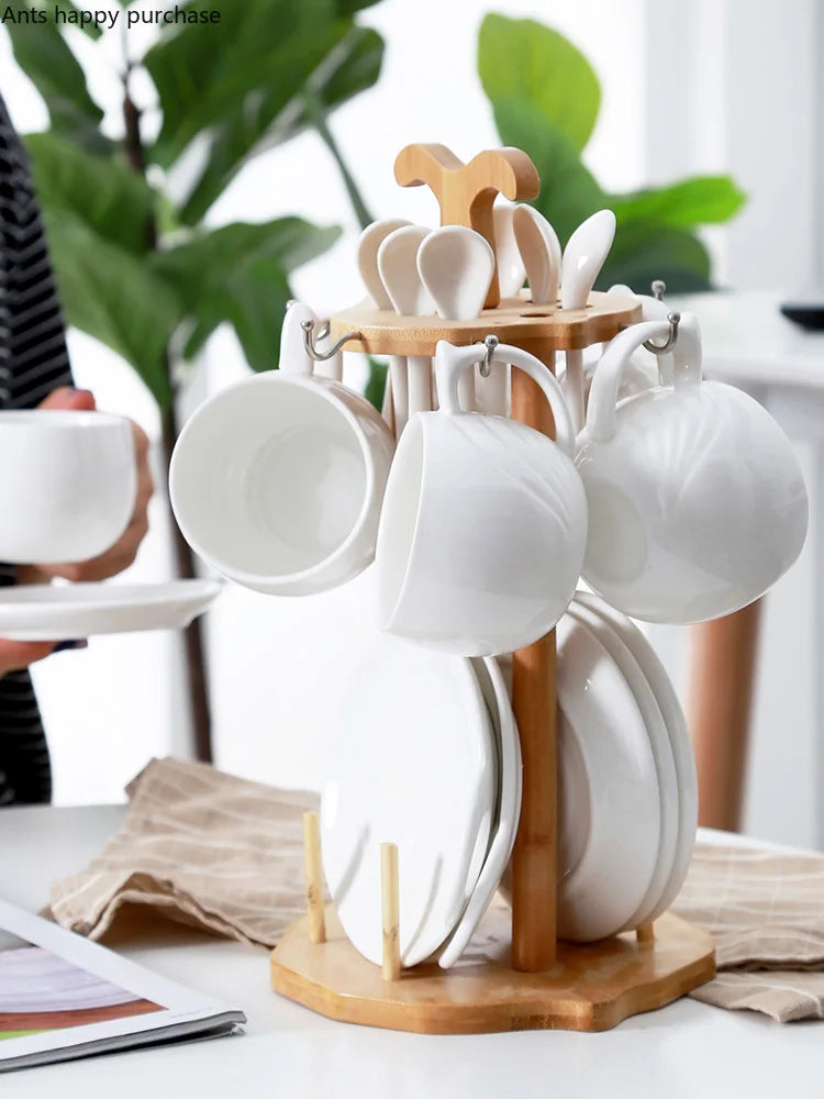 Axya Nordic Chic Ceramic Tea Set with Wooden Rack