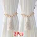 Wooden Bead Curtain Tiebacks by Axyaa - Boho Macrame Holdbacks with Cotton Rope