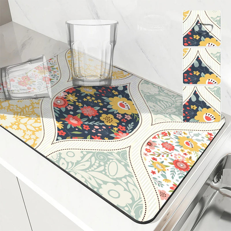 Axyaa Floral Geometry Kitchen Absorbent Draining Mat - Quick Dry Drain Pad