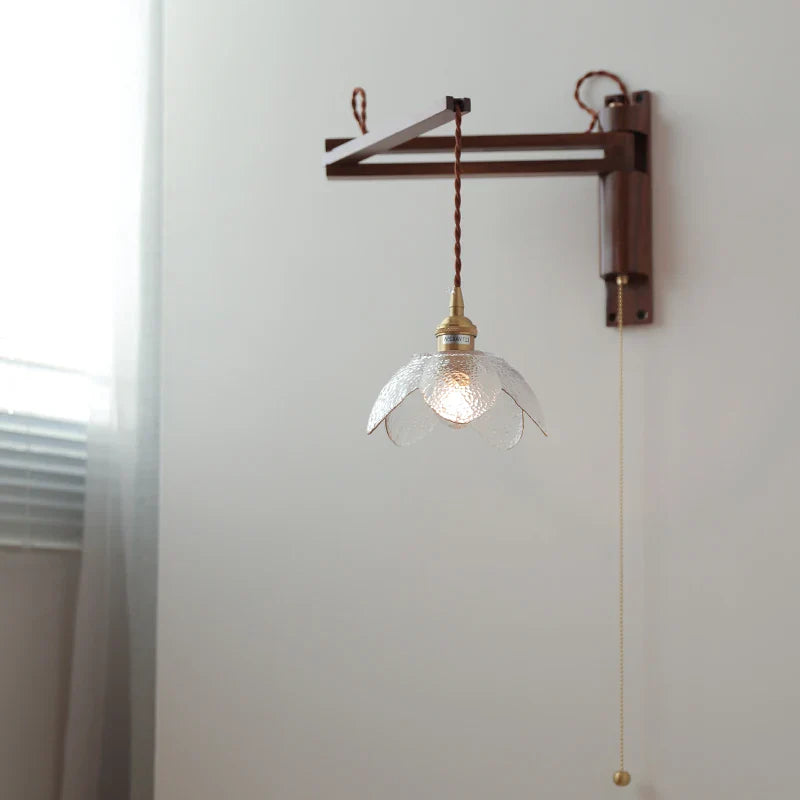 Axyaa Clear Glass LED Wall Sconce with Arm, Black Walnut Wood Stair Light