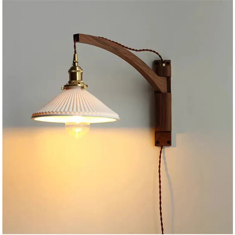 Axyaa Walnut Wood Wall Lamp: Japanese-inspired Vintage Foldable Bedside Accent