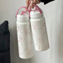 Axyaa Pink Ribbon Bow Thermos Stainless Steel Water Bottle with Straw Lid