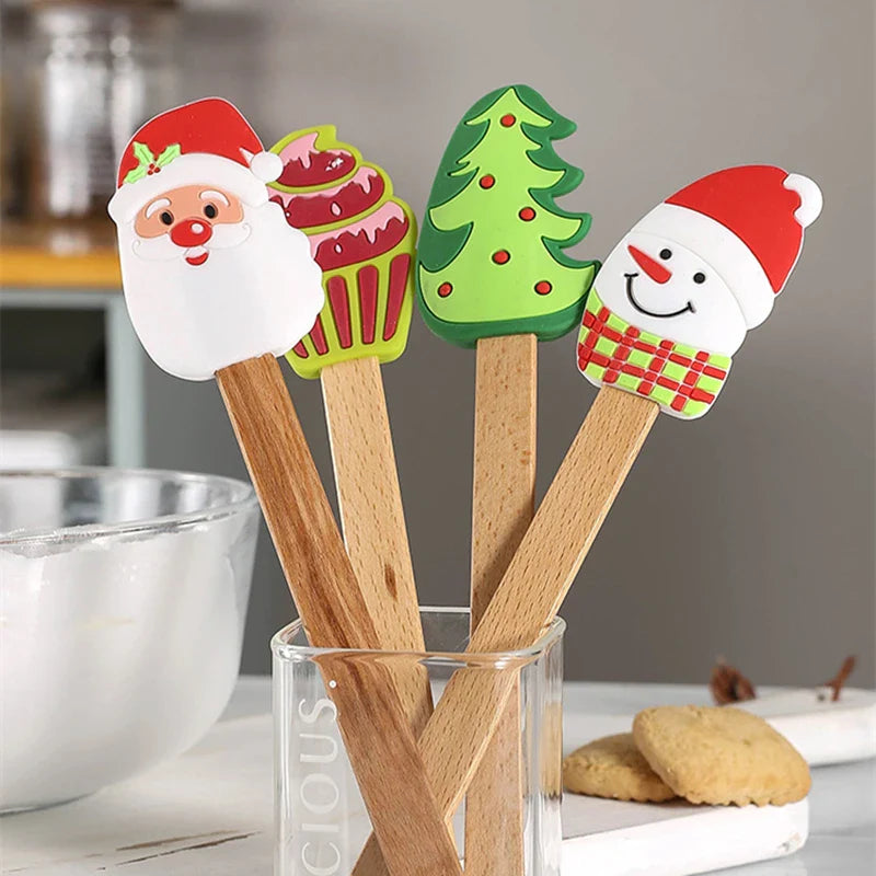 Axyaa Christmas Silicone Spatula with Wooden Handle for Baking