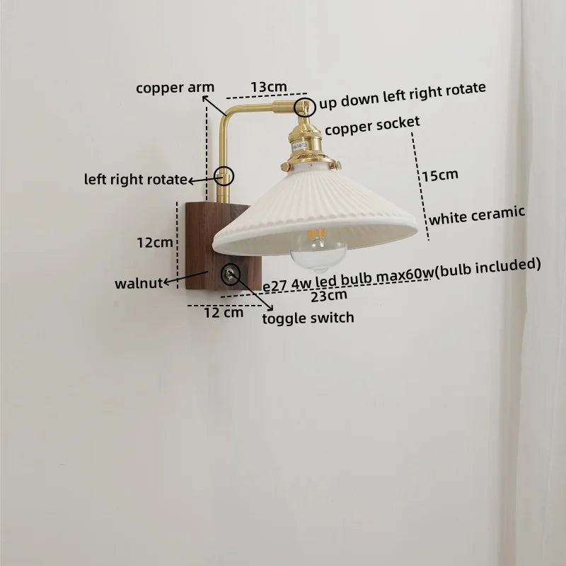 Axyaa Walnut Ceramic LED Wall Lamp with Pull Chain Switch