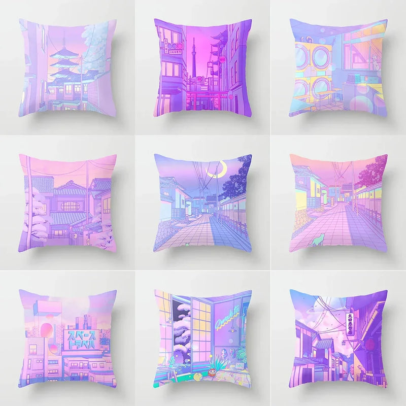 Pink Anime City Print Polyester Pillowcase 45x45cm for Bedroom Living Room by Axyaa.